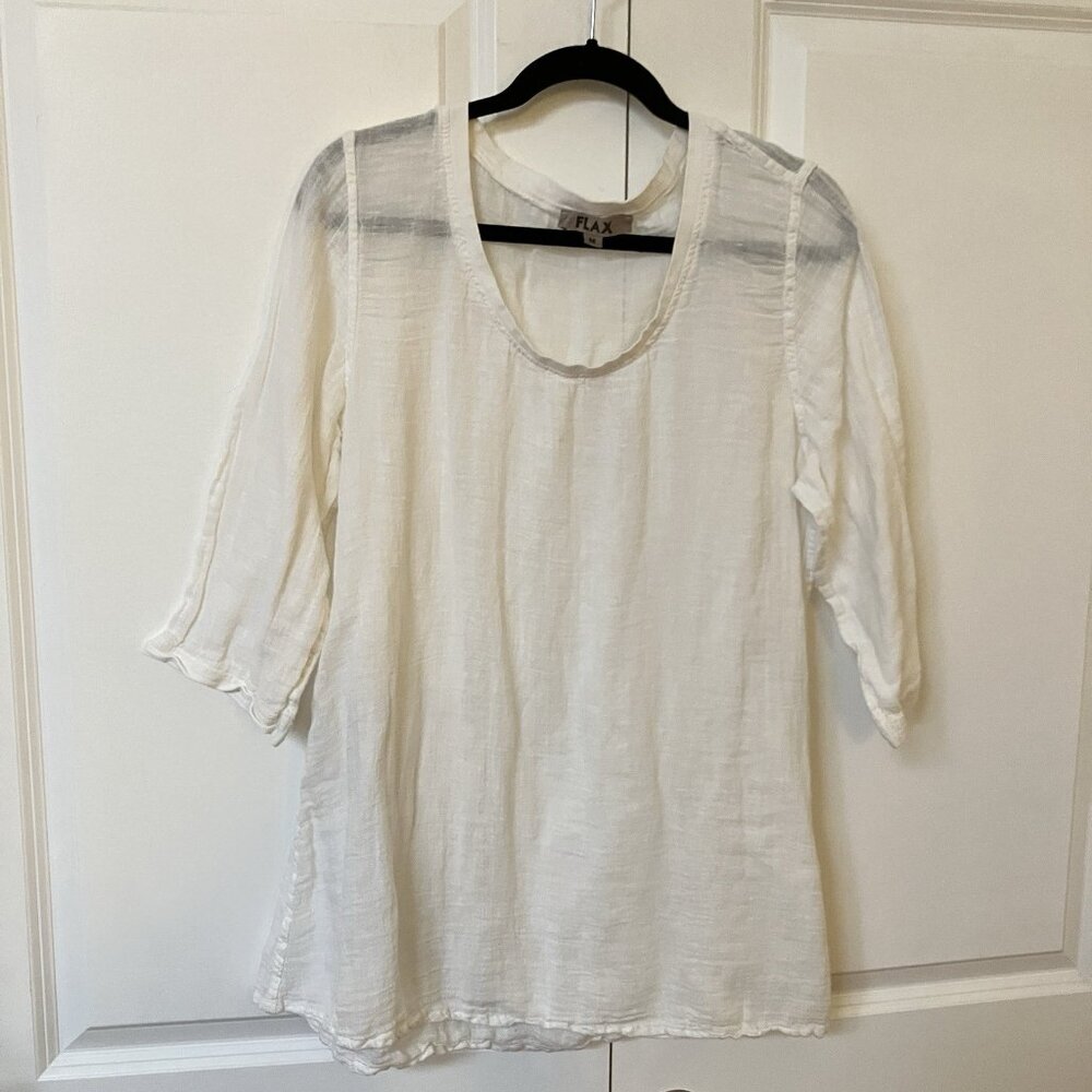 Flax Shirt Womens M White Sheer‎ Linen Tunic Top Scoop Cotton Blend Boho Minimal